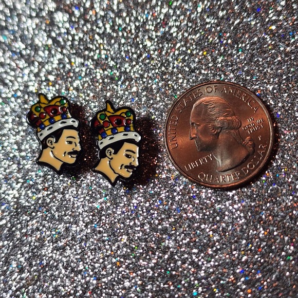 2/$20 Freddie Mercury Queen Wearing Jeweled Crown Enamel Metal Stud Earrings - Picture 2 of 3